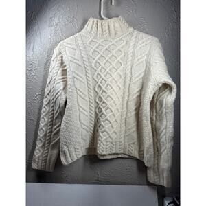Paul James Cable Knit Fisherman's Sweater Turtleneck Wool Ivory Women's